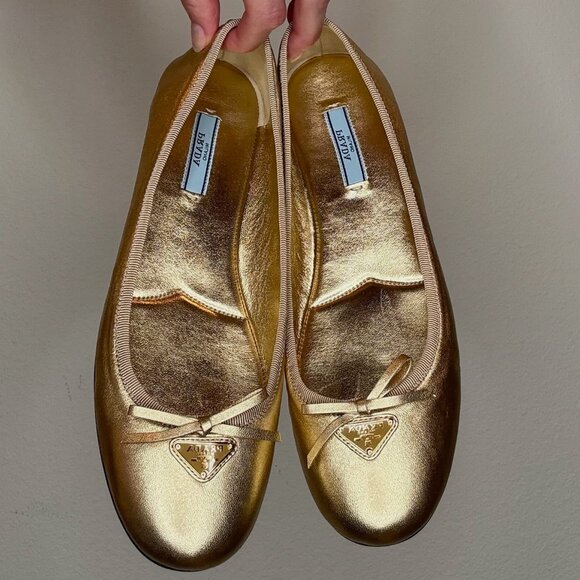 Prada Gold Logo Ballet Flats - Picture 1 of 5